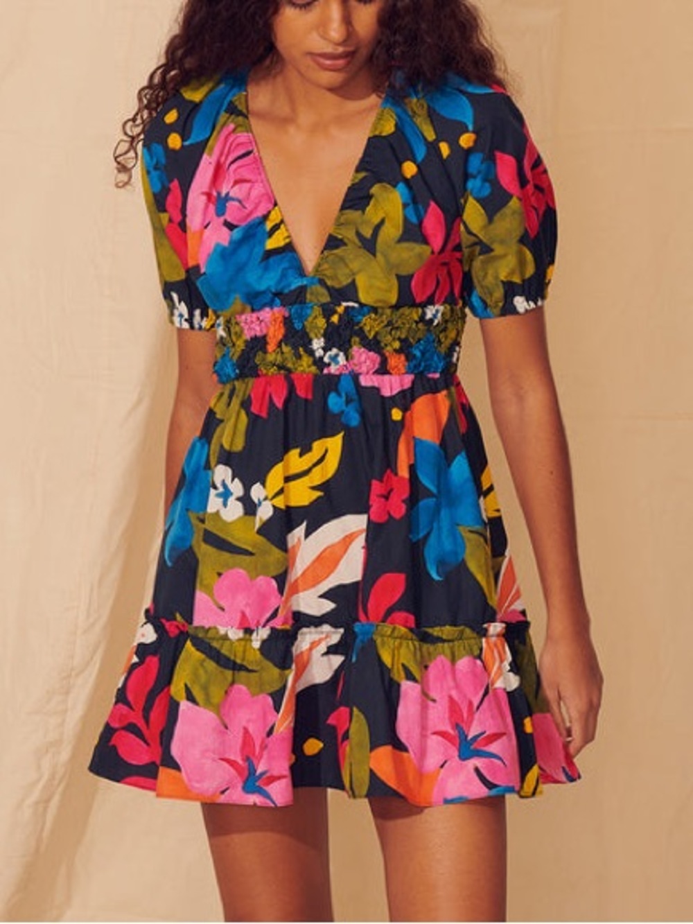 SAYLOR Gracey Zaira Moody Hawaiin Floral Print 100% Cotton Smocked Mini Dress XS